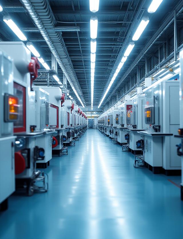 Moderne Industriehalle in Österreich mit KI-gesteuerten Roboterarmen